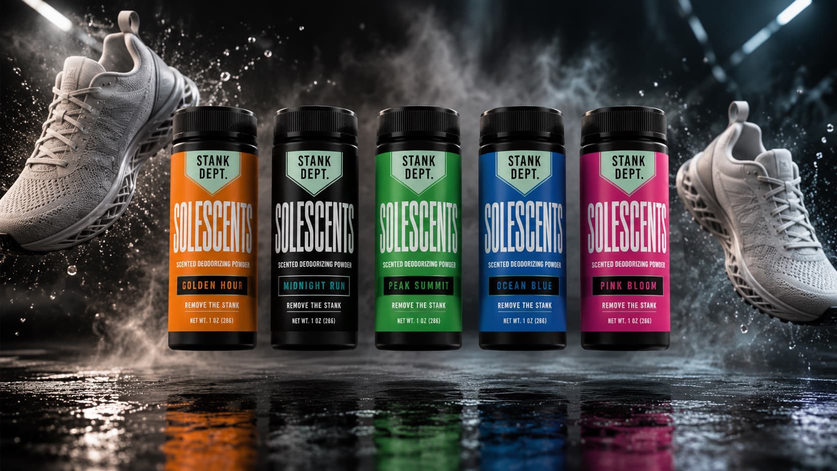 All five SoleScents fragrances with athletic shoes
