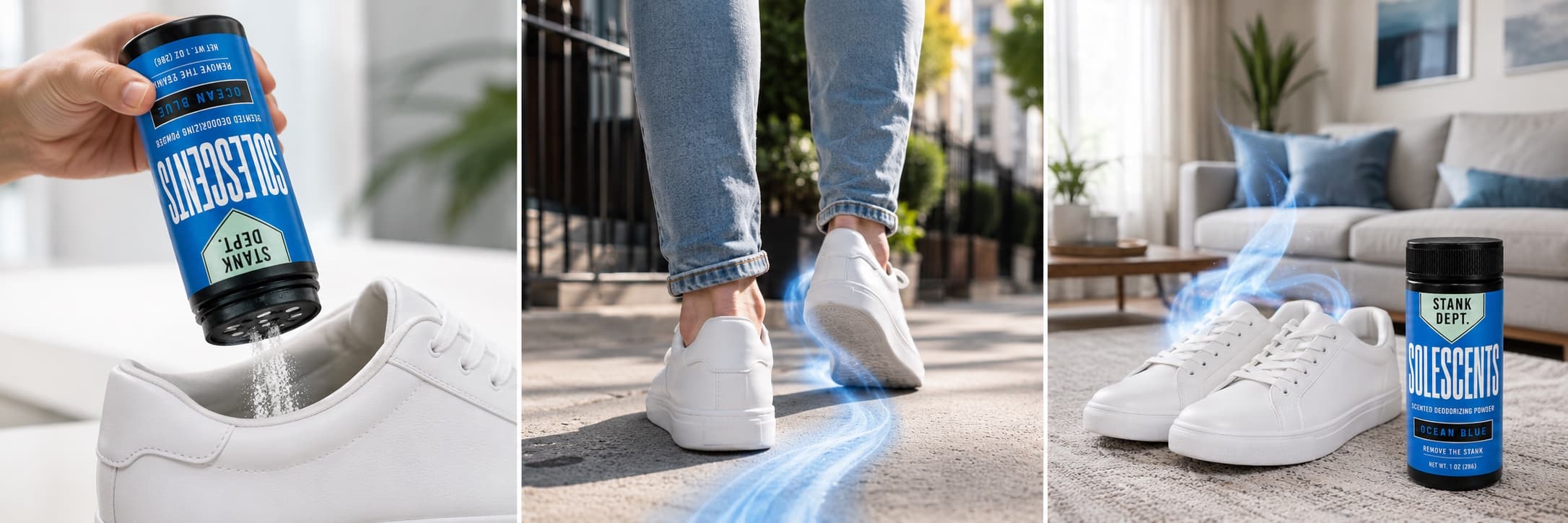 Shake SoleScents into shoes, wear them, and leave the room smelling fresh